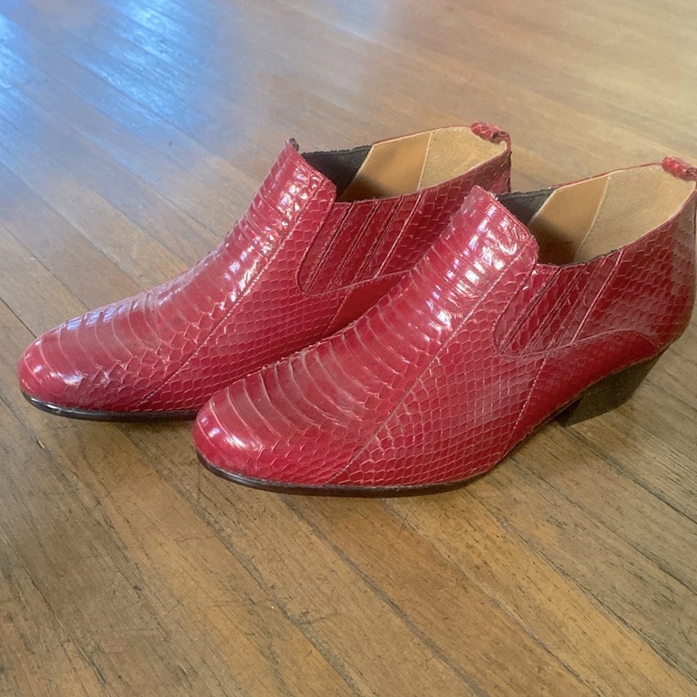 Red, genuine snake, ankle boots
